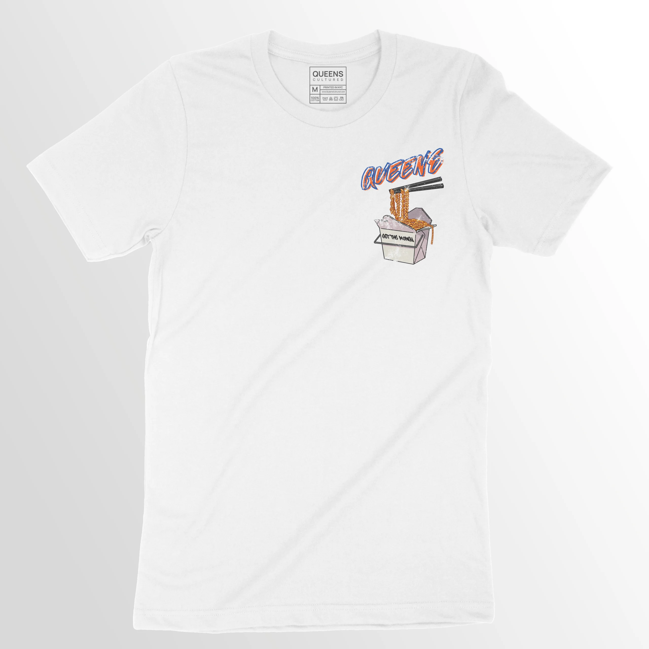 Queens Get the Money T-shirt showing chopsticks lifting gold chains from a Chinese takeout box — NYC streetwear inspired by Queens hustle and culture.