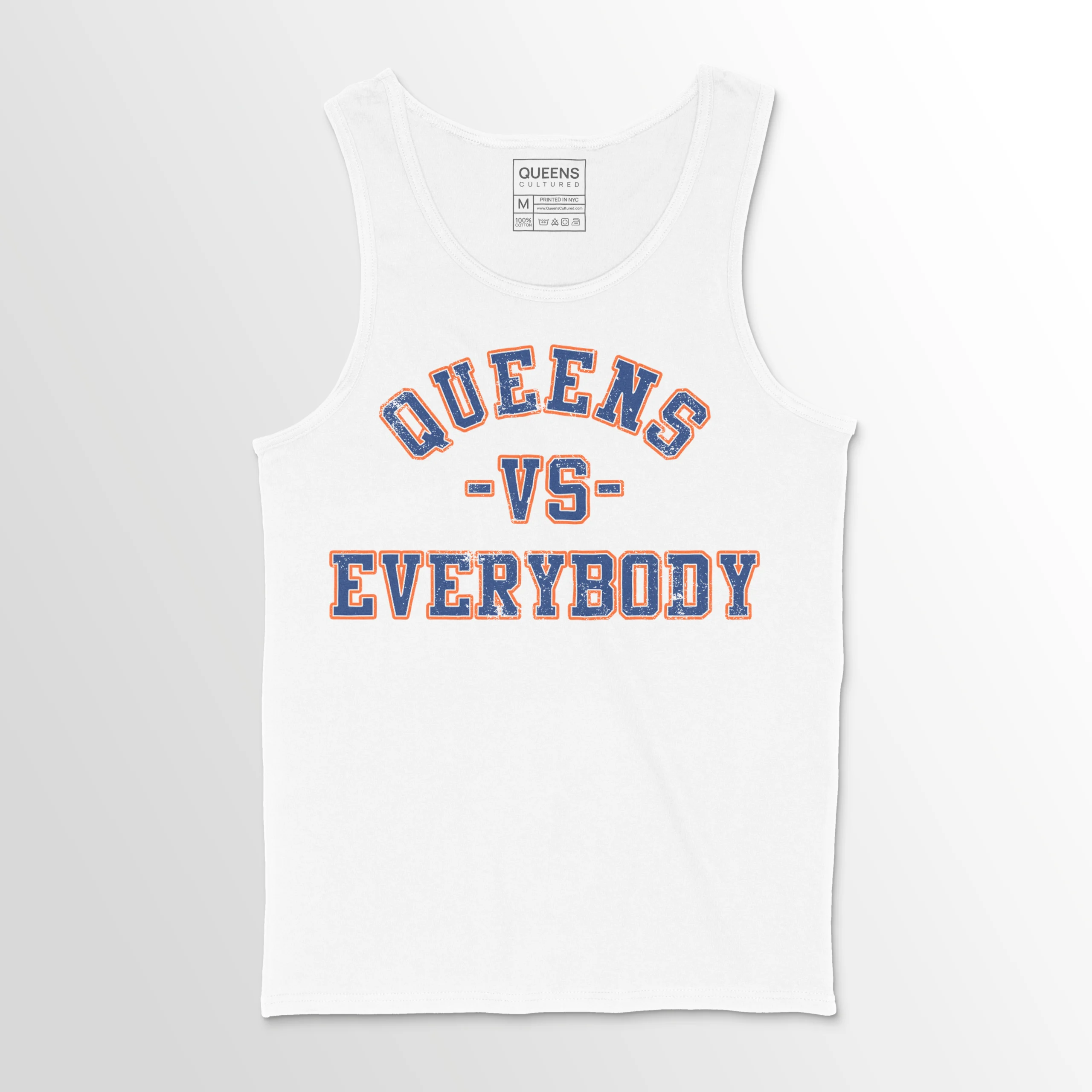 Queens Vs Everybody tank top with bold block lettering representing Queens pride and NYC street culture.
